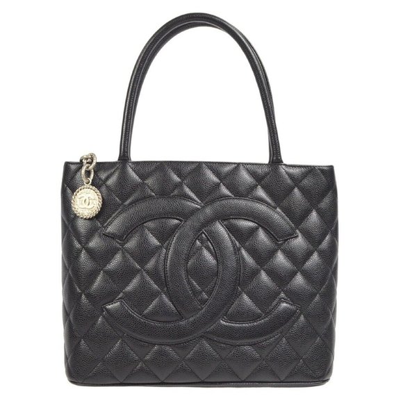 Chanel Medallion Quilted Hand Tote Bag Purse Black Caviar Skin - Picture 1 of 16